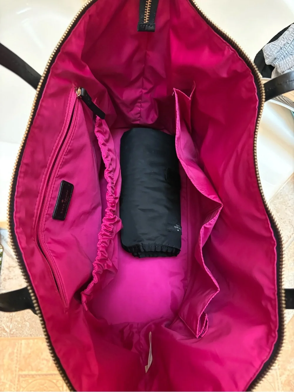 Kate Spade Black & White Quilted Stripe Tote - Diaper Bag with Pink Interior